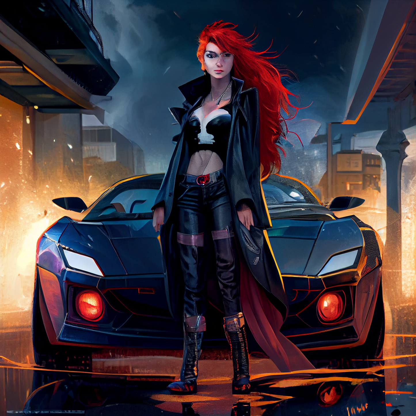 AI Midjourney Prompt for Futuristic - Futuristic Redhead Muscle Car