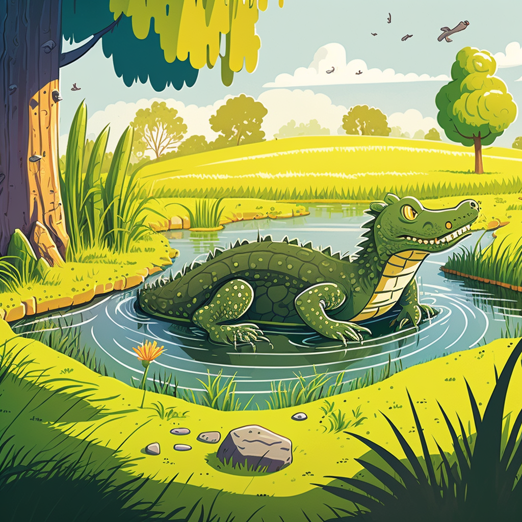 AI Midjourney Prompt for Storybook Illustrations - Animal in Stream in Kids Book Style