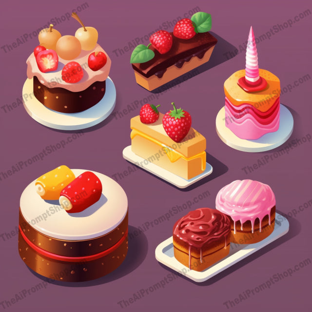 AI Midjourney Prompt for Game Assets - B263s -  Isometric Cake Icons with Multiple Patterns