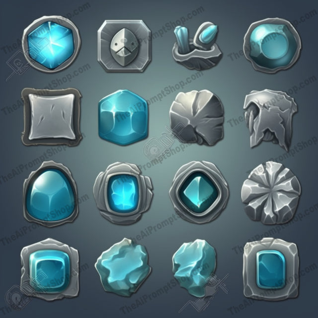 AI Midjourney Prompt for Blue Stone Game Icons