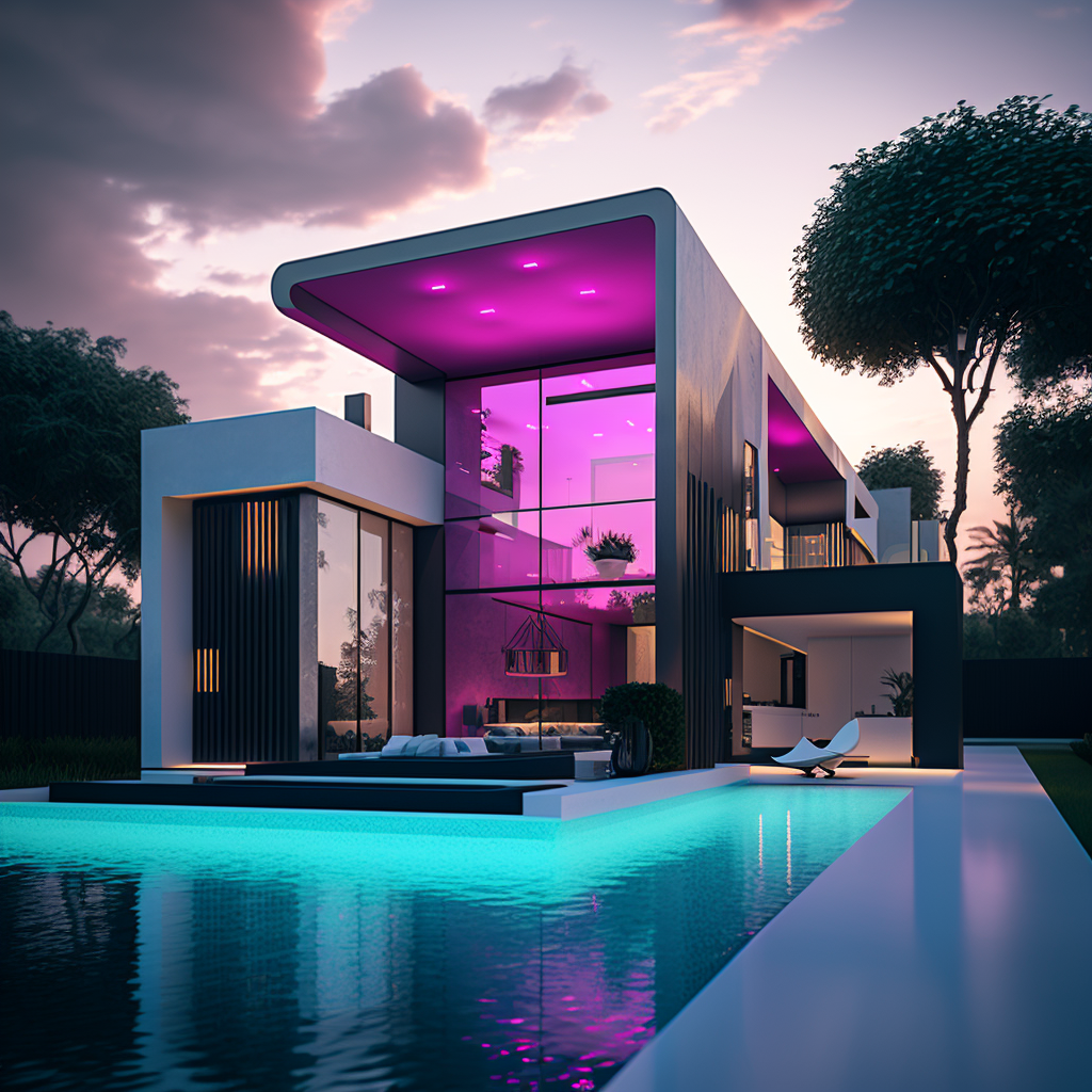 AI Midjourney Prompt for Landscape - Ultra-Realistic Villa in Pink and Cyan