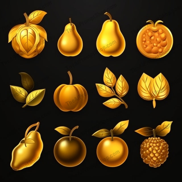 AI Midjourney Prompt for Colorful Golden Fruits Icons