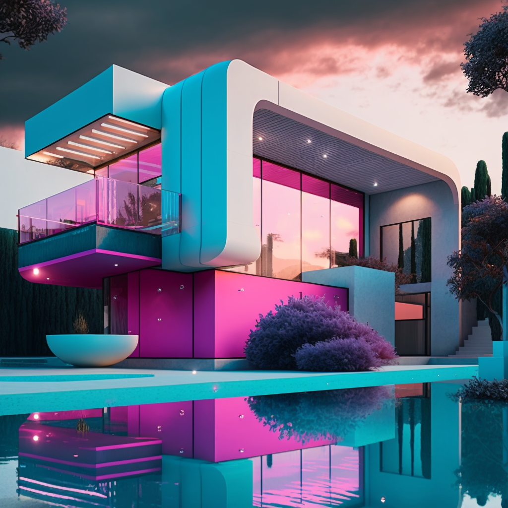 AI Midjourney Prompt for Landscape - Ultra-Realistic Villa in Pink and Cyan