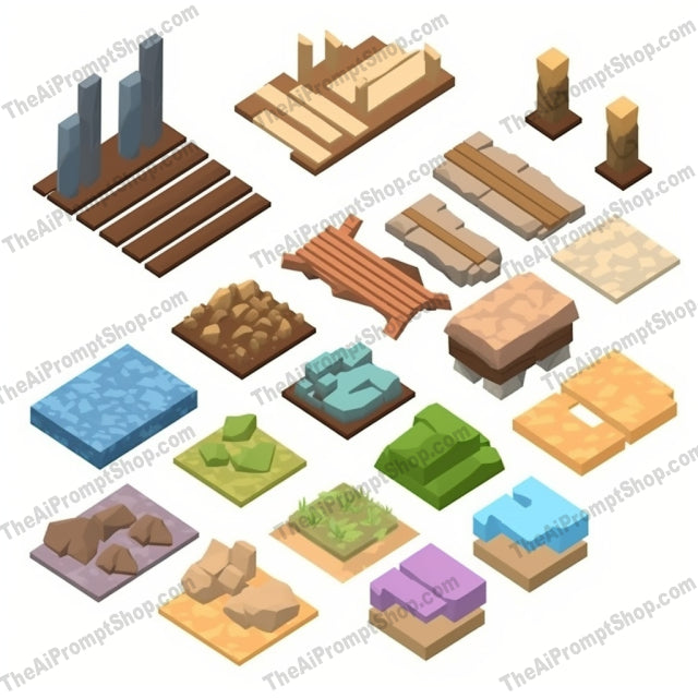 AI Midjourney Prompt for Isometric Wood and Stone Set