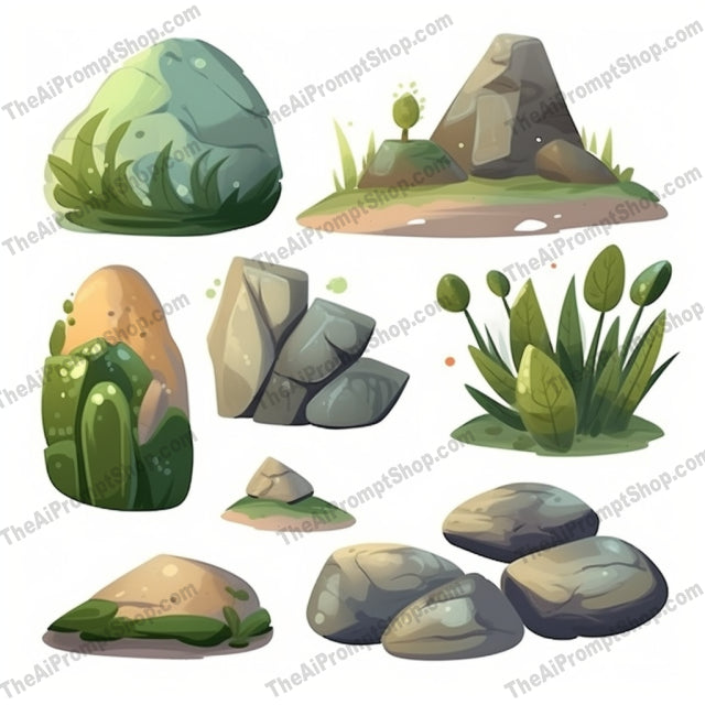 AI Midjourney Prompt for Tranquil Cartoon Stones Set