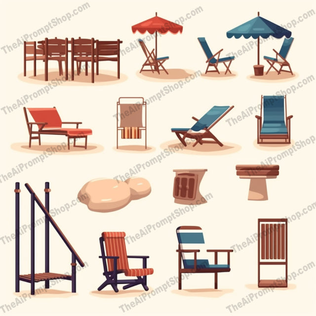 AI Midjourney Prompt for Isometrics - B188s -  Beach Furniture Icons