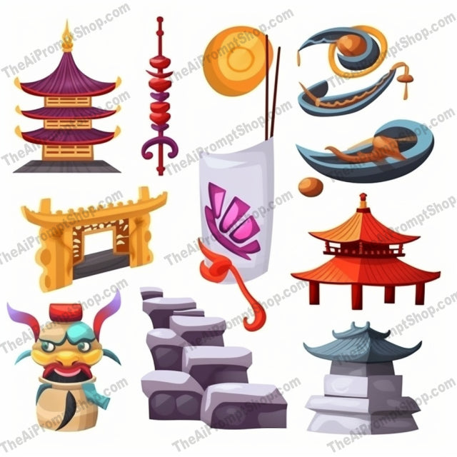 AI Midjourney Prompt for Game Assets - B294s -  Cartoon Asian Symbol Set