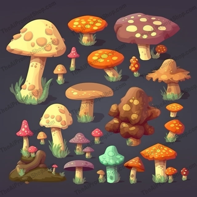 AI Midjourney Prompt for Cartoon Mushroom Set