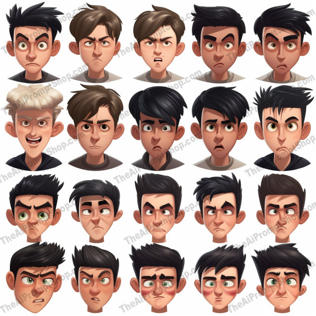 AI Midjourney Prompt for Character Art - B180s -  Mens Facial Expressions