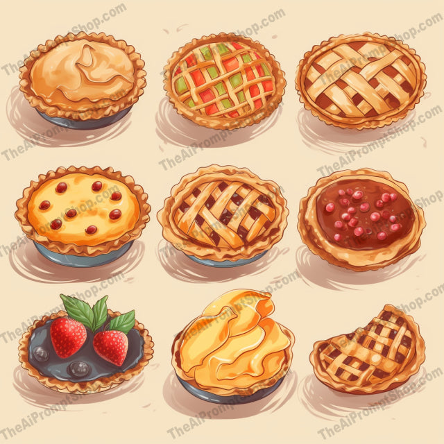 AI Midjourney Prompt for Food - B209s -  Set of Pie Illustrations