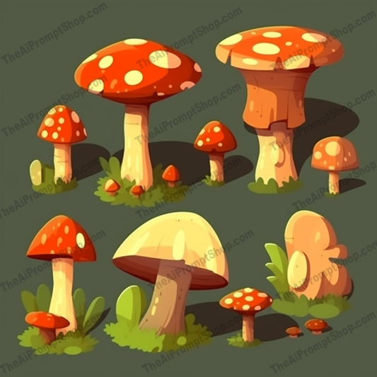 AI Midjourney Prompt for Cartoon Mushroom Set