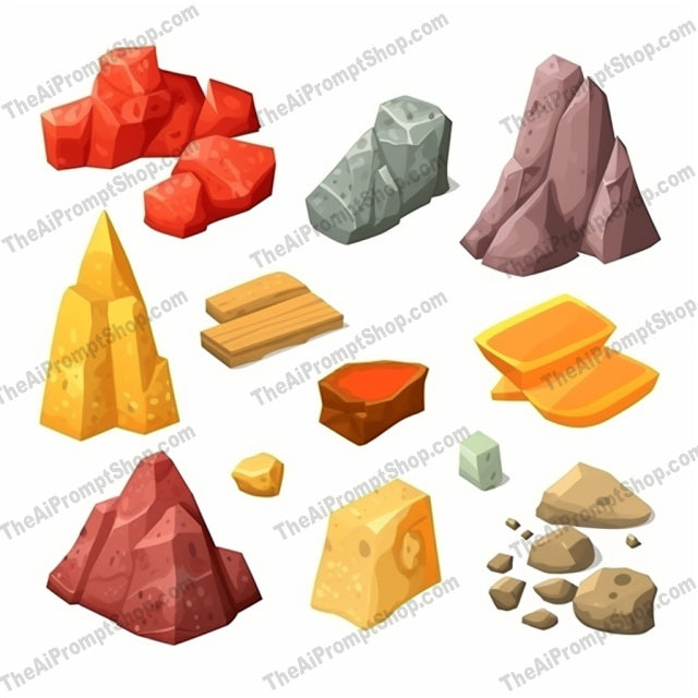 AI Midjourney Prompt for Game Assets - B247s -  Rocks and Minerals Icon Set