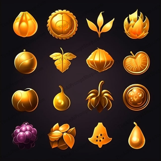 AI Midjourney Prompt for Colorful Golden Fruits Icons