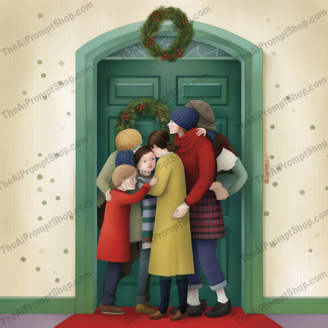 AI Midjourney Prompt for C117 - Storybook Illustrations - Christmas Embrace by the Door