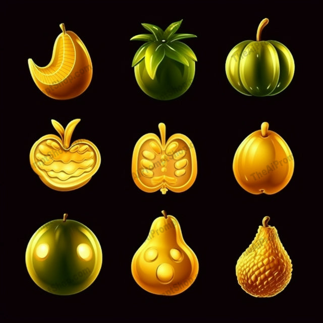 AI Midjourney Prompt for Colorful Golden Fruits Icons