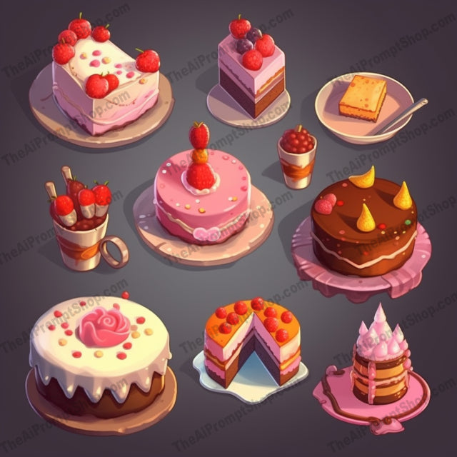 AI Midjourney Prompt for Game Assets - B263s -  Isometric Cake Icons with Multiple Patterns