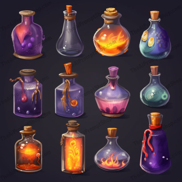 AI Midjourney Prompt for Interactive Colored Potion Set