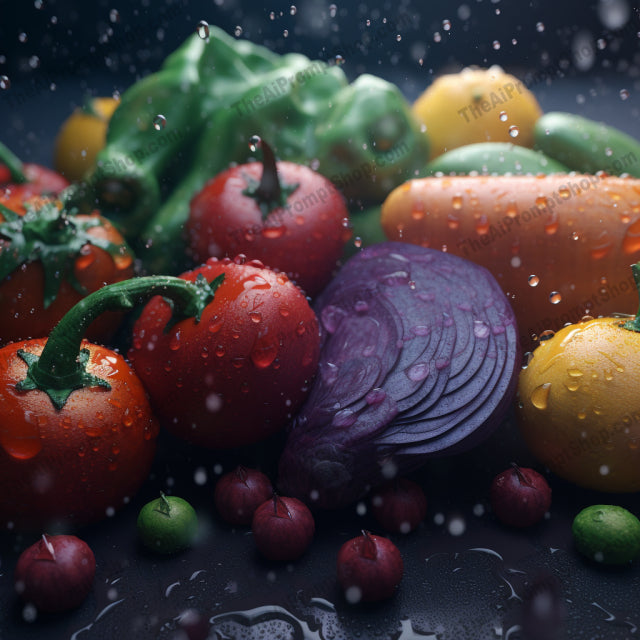 AI Midjourney Prompt for Food - B338s -  Vegetables in Rain