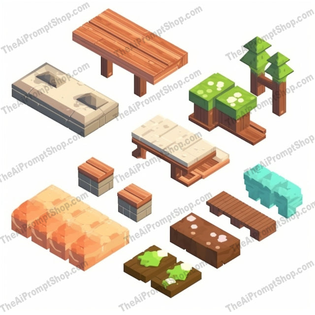 AI Midjourney Prompt for Isometric Wood and Stone Set