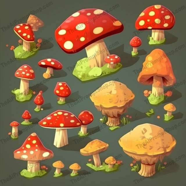 AI Midjourney Prompt for Cartoon Mushroom Set