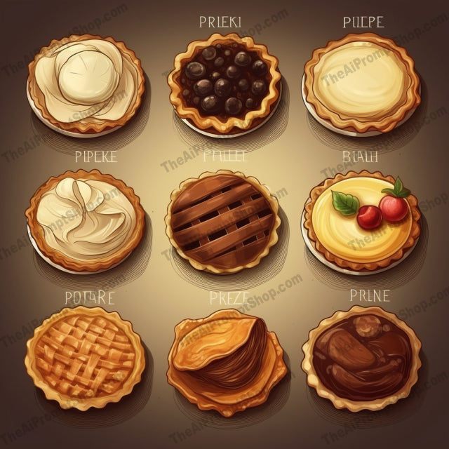 AI Midjourney Prompt for Food - B209s -  Set of Pie Illustrations