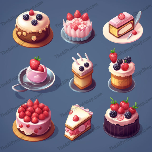 AI Midjourney Prompt for Game Assets - B263s -  Isometric Cake Icons with Multiple Patterns