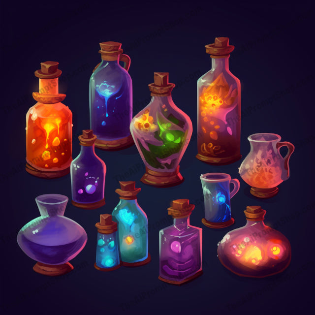 AI Midjourney Prompt for Interactive Colored Potion Set