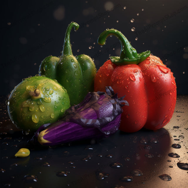 AI Midjourney Prompt for Food - B338s -  Vegetables in Rain