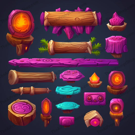 AI Midjourney Prompt for Colorful Woodcarving Game Element Set