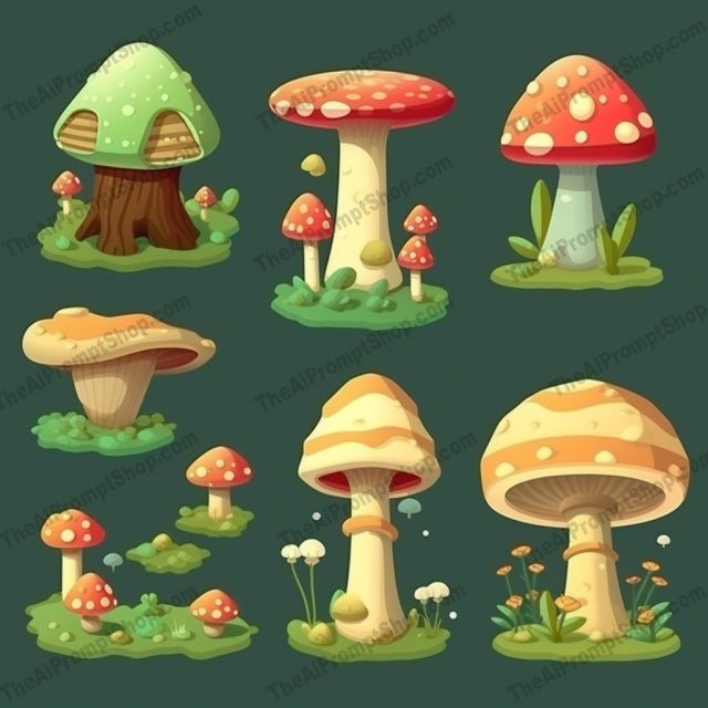 AI Midjourney Prompt for Cartoon Mushroom Set