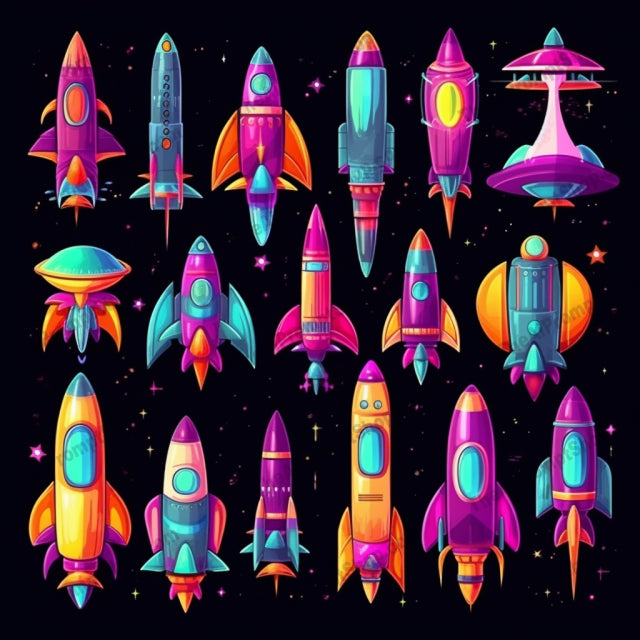 AI Midjourney Prompt for Colorful Rocket and Spaceship Set