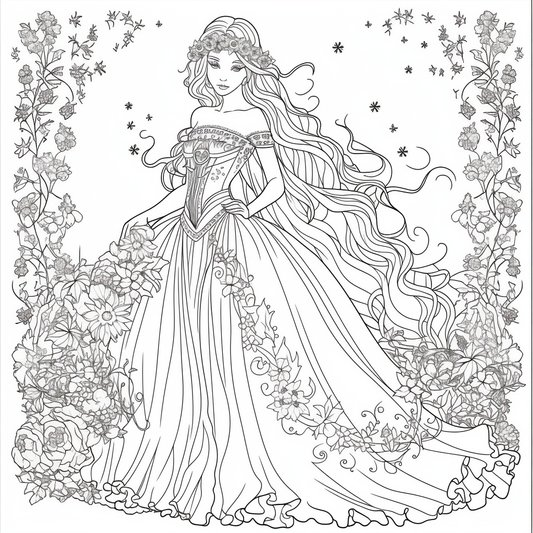 AI Midjourney Prompt for Coloring Page - Beautiful Princess Coloring Page