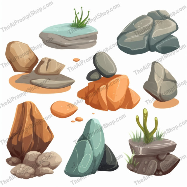 AI Midjourney Prompt for Tranquil Cartoon Stones Set