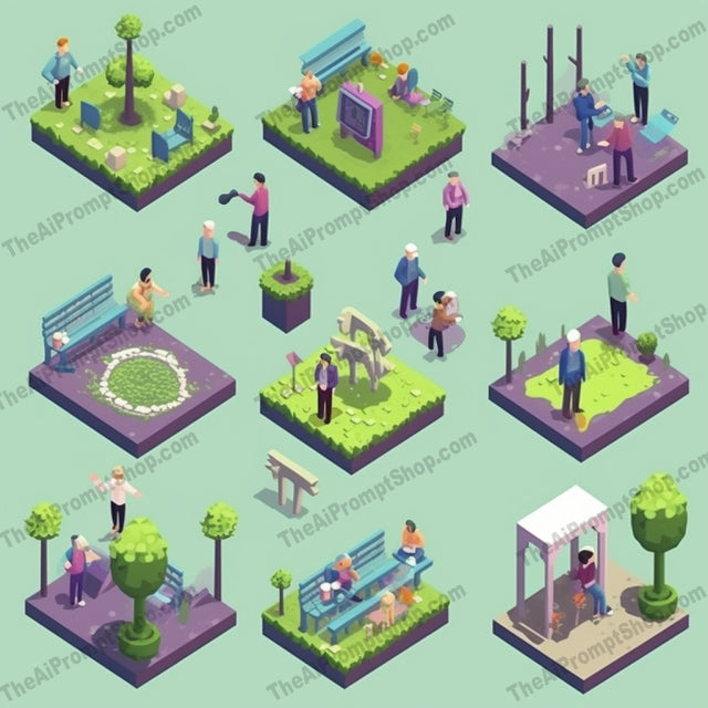 AI Midjourney Prompt for Game Assets - B242s -  Isometric Icons for Park Friends