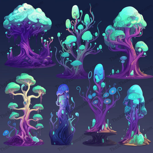 AI Midjourney Prompt for Bold 2D Mystic Trees in Vivid Colors