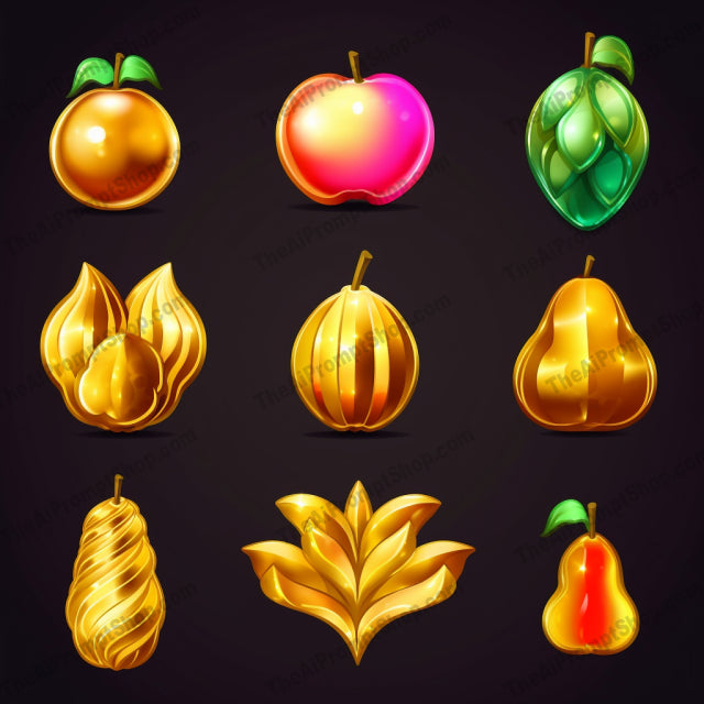 AI Midjourney Prompt for Colorful Golden Fruits Icons