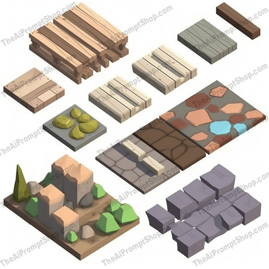 AI Midjourney Prompt for Isometric Wood and Stone Set