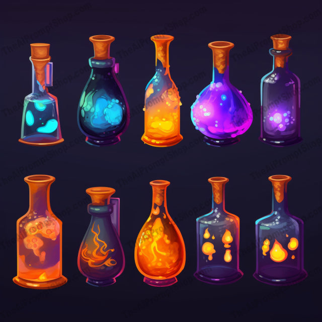 AI Midjourney Prompt for Interactive Colored Potion Set