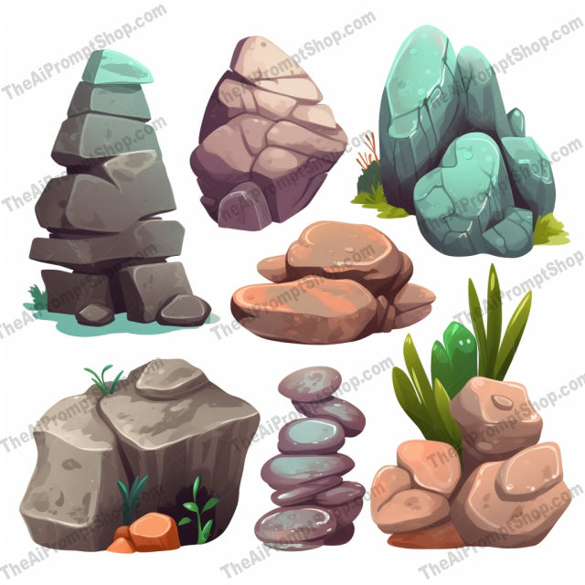 AI Midjourney Prompt for Tranquil Cartoon Stones Set