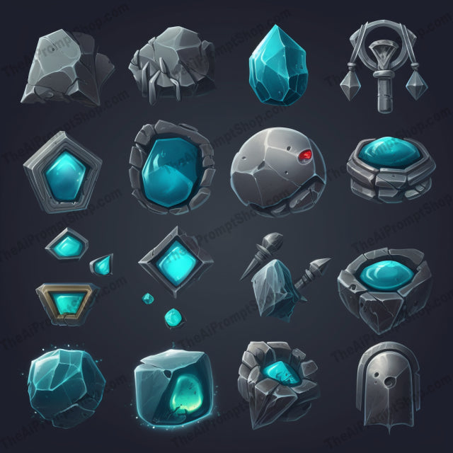 AI Midjourney Prompt for Blue Stone Game Icons