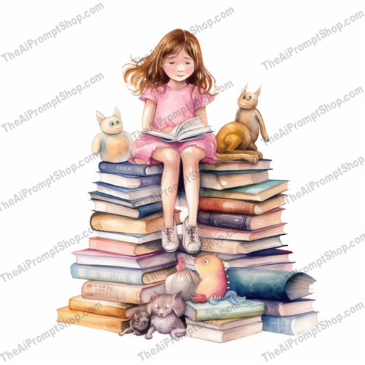 AI Midjourney Prompt for C75 - Storybook Illustrations - Watercolor Girl with Books