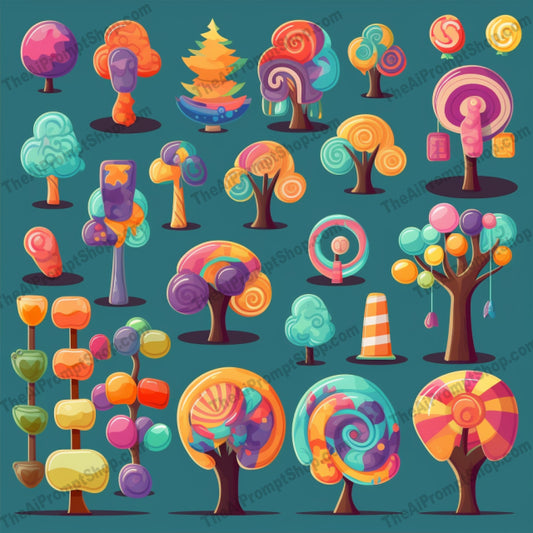 AI Midjourney Prompt for Game Assets - B254s -  Cartoon Candy Tree Icon Set