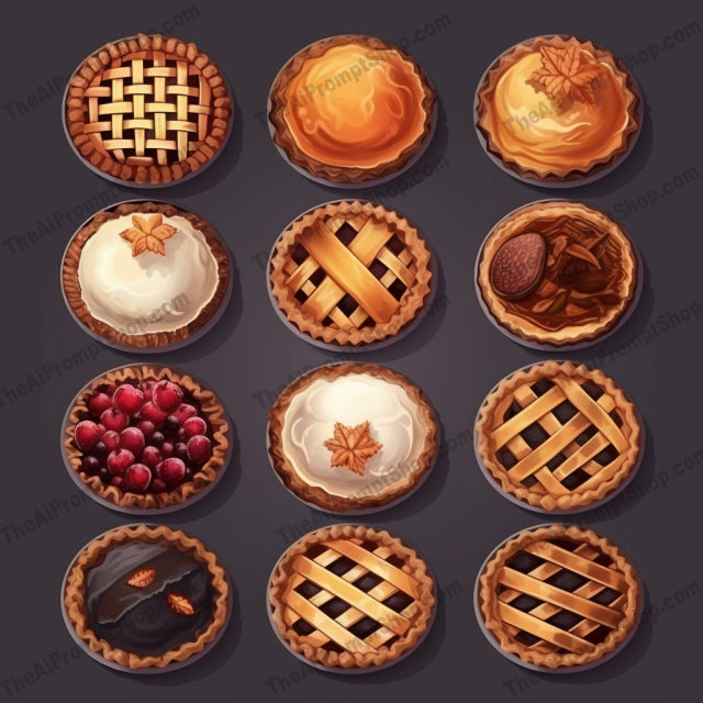 AI Midjourney Prompt for Food - B209s -  Set of Pie Illustrations