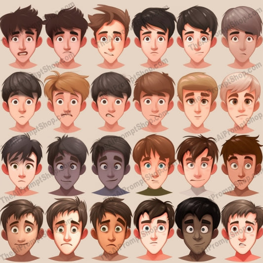 AI Midjourney Prompt for Character Art - B180s -  Mens Facial Expressions