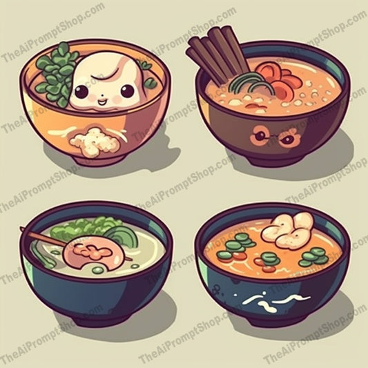 AI Midjourney Prompt for Food - B204s -  Anime Inspired Soups and Rice in Bowls