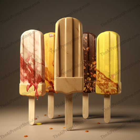 AI Midjourney Prompt for Food - B349s -  Stylized Ice Cream Popsicle Sticks