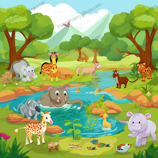 AI Midjourney Prompt for C165 - Storybook Illustrations - Playful Pond Scene