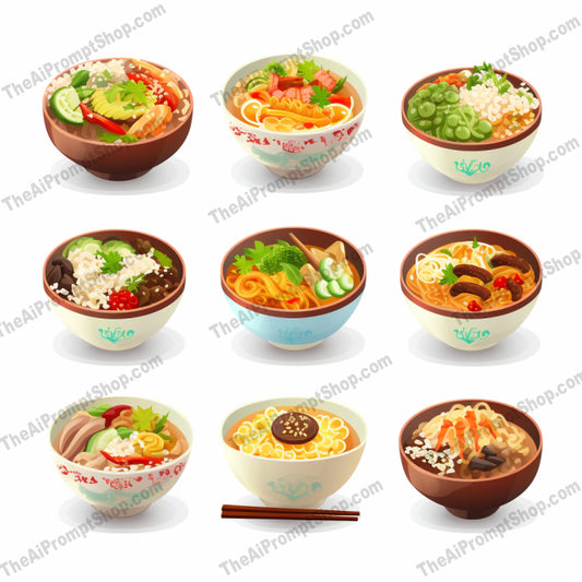 AI Midjourney Prompt for Food - B201s -  Asian Food in Bowls Illustration