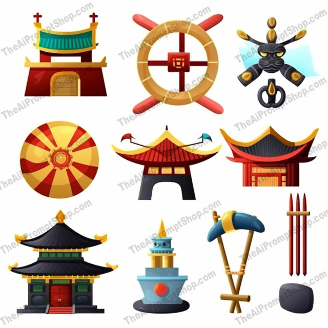 AI Midjourney Prompt for Game Assets - B294s -  Cartoon Asian Symbol Set