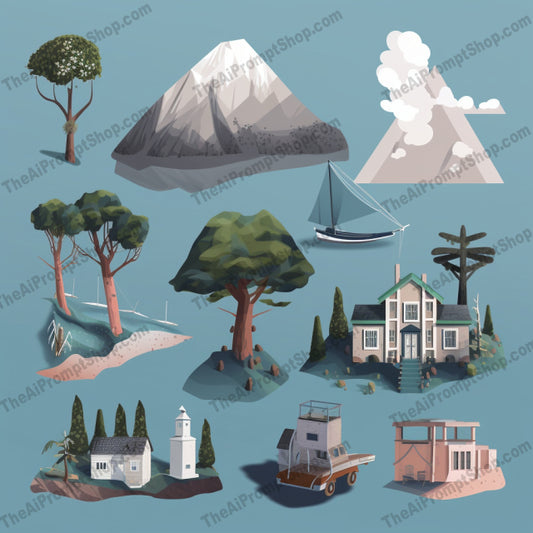 AI Midjourney Prompt for Game Assets - B187s -  Coastal Objects and Icons